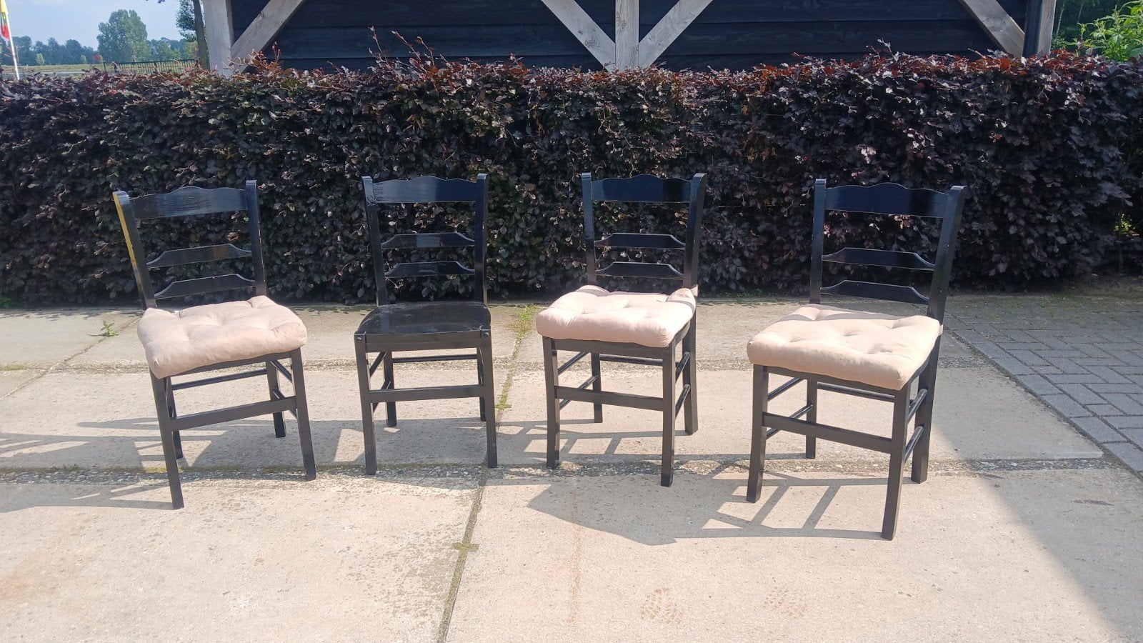 4 eettafel stoelen hoogglans zwart stacaravan, Gebruikt, Zwart, Ophalen of Verzenden, Vier
