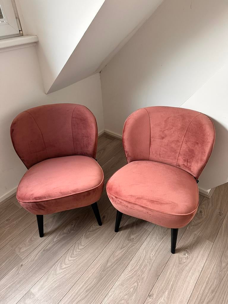 Twee fluweel roze Woood fauteuils Sara, Huis en Inrichting, Fauteuils, Ophalen, Gebruikt, 75 tot 100 cm, Stof