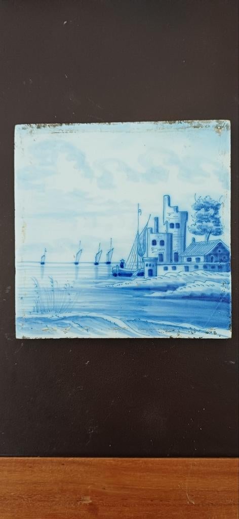 Zeer oude Delfts blauwe tegel met Hollands landschap, Ophalen