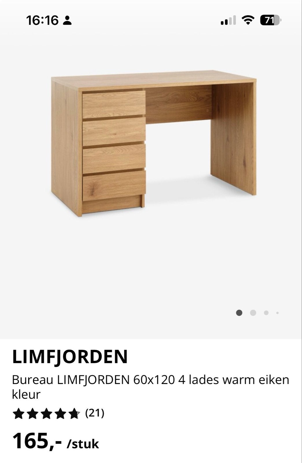 Jysk bureau Limfjorden 120x60 cm - Zo goed als nieuw, Ophalen, Met lades, Spaanplaat of MDF, Bruin