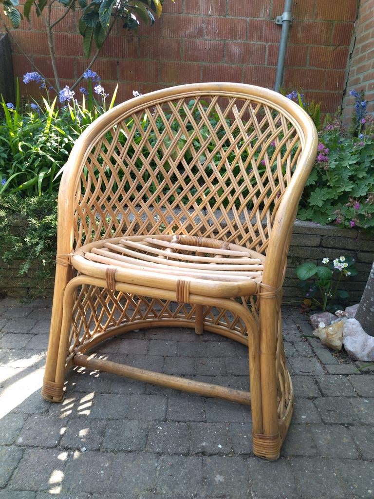 Vintage 80's rotan fauteuil, Boho Ibiza stijl rotan stoel, Huis en Inrichting, Fauteuils, Ophalen, Gebruikt, 50 tot 75 cm