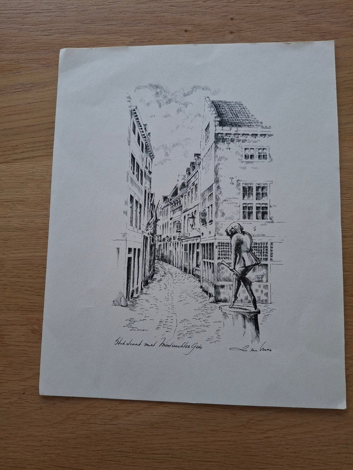 Stadsgezicht met Manneken Pis - Pen en inkt tekening, Antiek en Kunst, Ophalen, Tekening, Pentekening, Gesigneerd