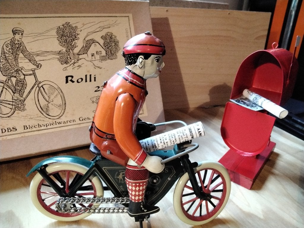 Blikken motorfiets diorama postbus, Ophalen of Verzenden