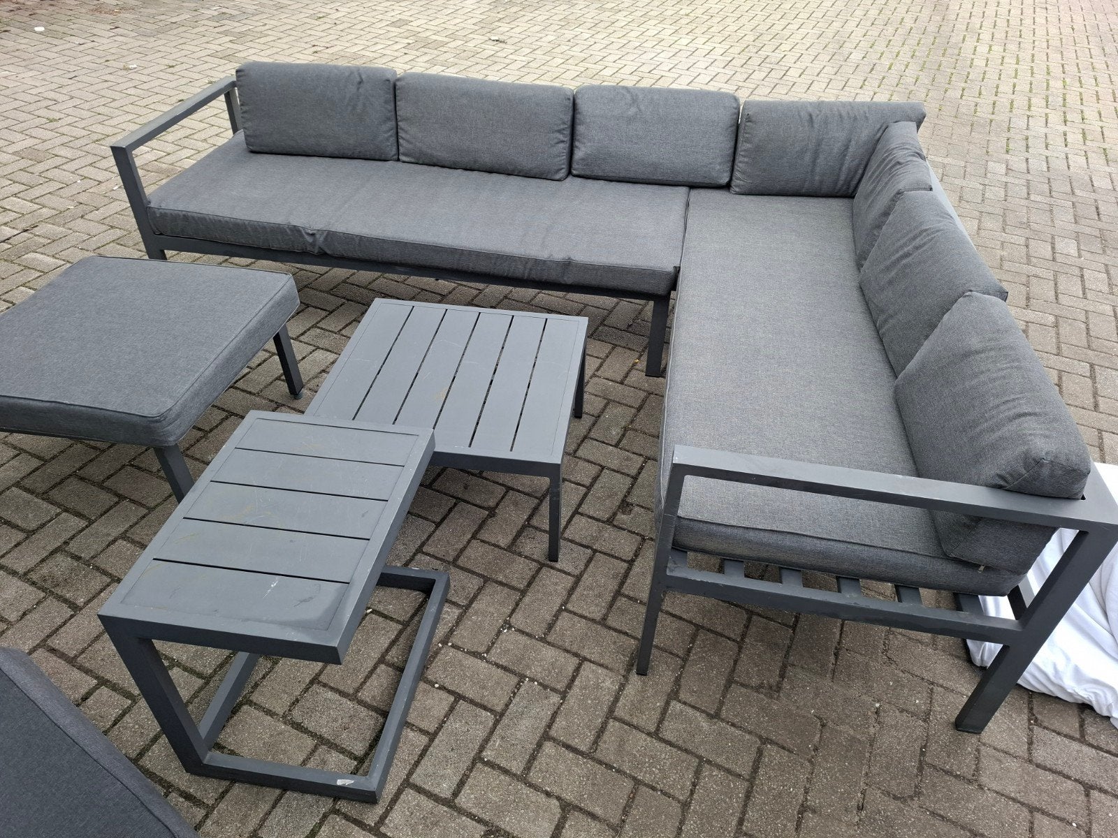 Loungebank met salontafels en hocker - Grijs aluminium, Ophalen, Gebruikt, Tuinset, Set