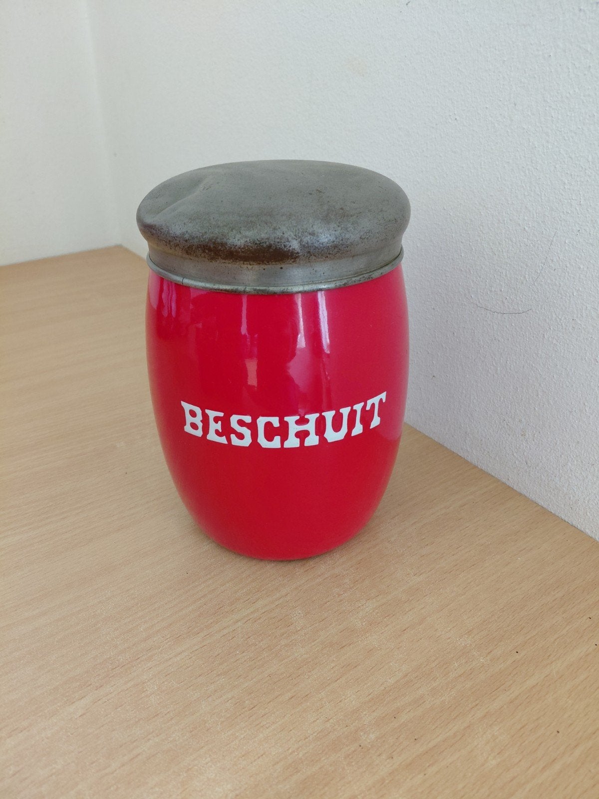 Vintage rode beschuitbus met opschrift, Ophalen of Verzenden