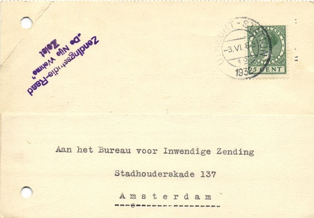 Zendingsstudie-Raad De Nije Wehme, Zeist - 06.1932 - briefka, Ophalen of Verzenden, Briefkaart