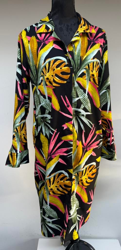 Superleuke zwarte jurk  roze/gele bladeren Ophilia mt 3 (46), Kleding | Dames, Grote Maten, Ophalen of Verzenden, Zo goed als nieuw