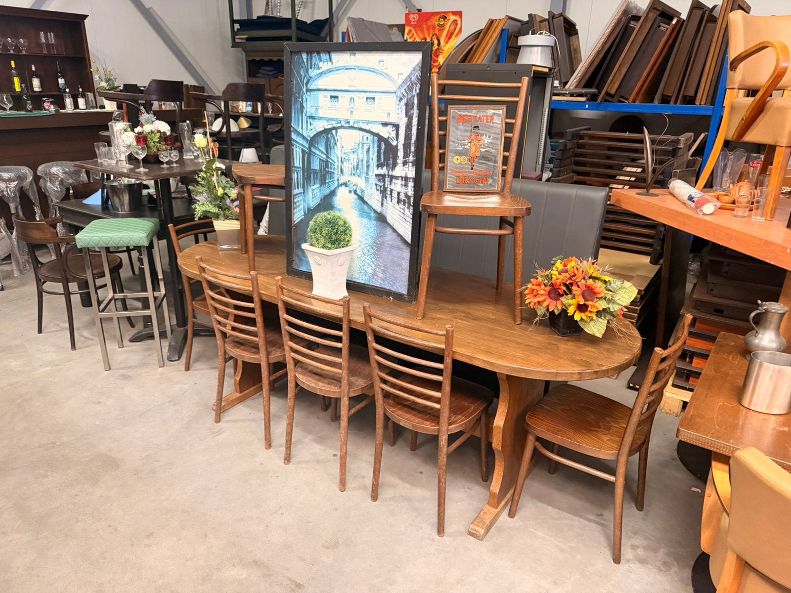 Ovale massief houten stamtafel eettafel 225x80 cm tafel, Huis en Inrichting, Tafels | Eettafels, Gebruikt, 200 cm of meer, Vijf personen of meer
