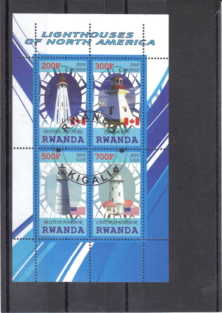 Blokje Rwanda Lighthouses of Nth America 2010 gest, Ophalen of Verzenden, Gestempeld, Overige thema's