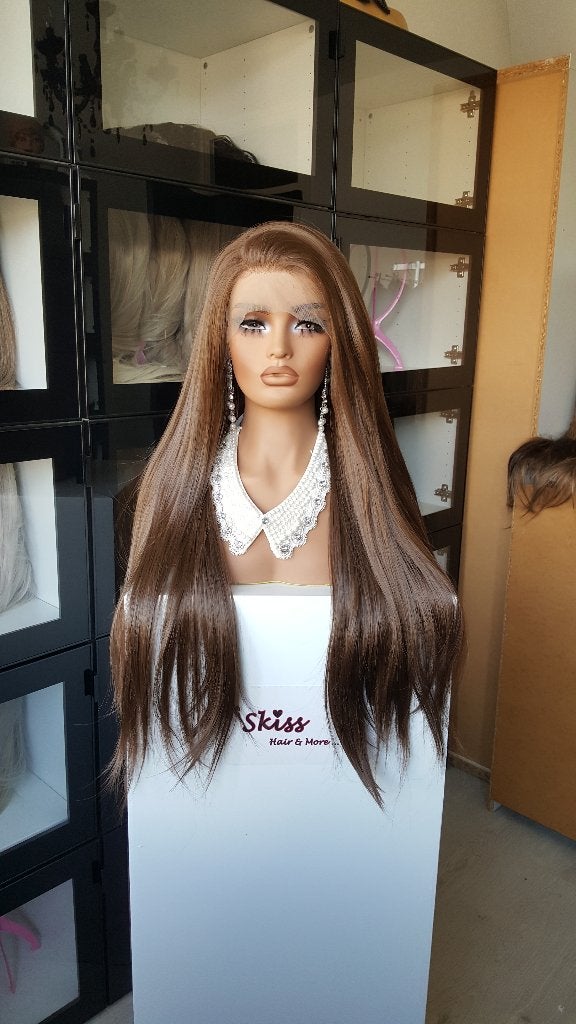 Luxe Lace Pruik: Midden Bruin - Stijl - 75cm, Ophalen of Verzenden, Nieuw, Pruik of Haarverlenging