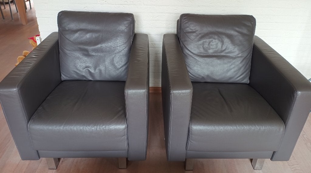 Set van 2 Montel fauteuils, intens donkergrijs leer, Huis en Inrichting, Ophalen, Gebruikt, Minder dan 75 cm, Leer