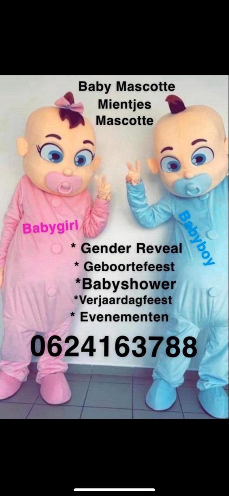 Baby Mascotte te huur voor Gender Reveal, Ophalen of Verzenden, Zo goed als nieuw, Kostuum, Geboorte of Huwelijk