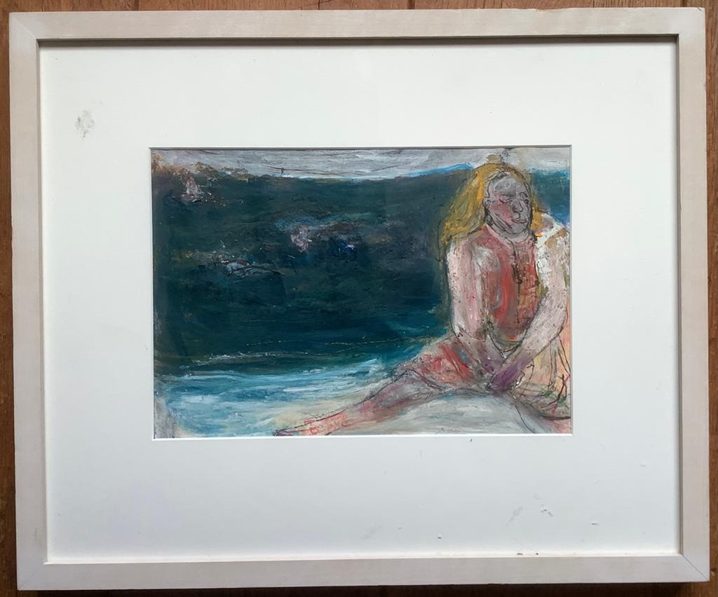 Vrouw, strand, blauw, landschap, schilderij, Tafil Misovic,, Ophalen of Verzenden