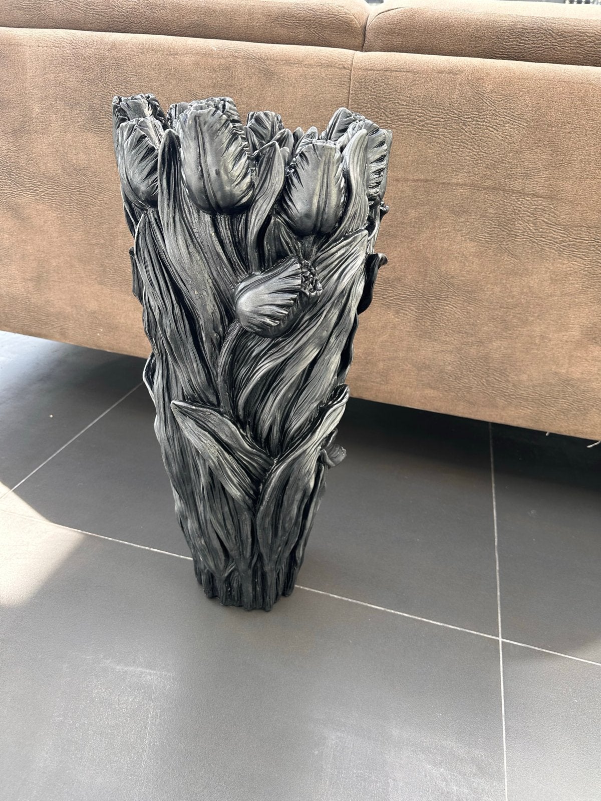 Grote Zwarte Design Vaas met 3D Tulpen - Uniek Stuk, Kunststof, Zwart, Ophalen of Verzenden, Zo goed als nieuw