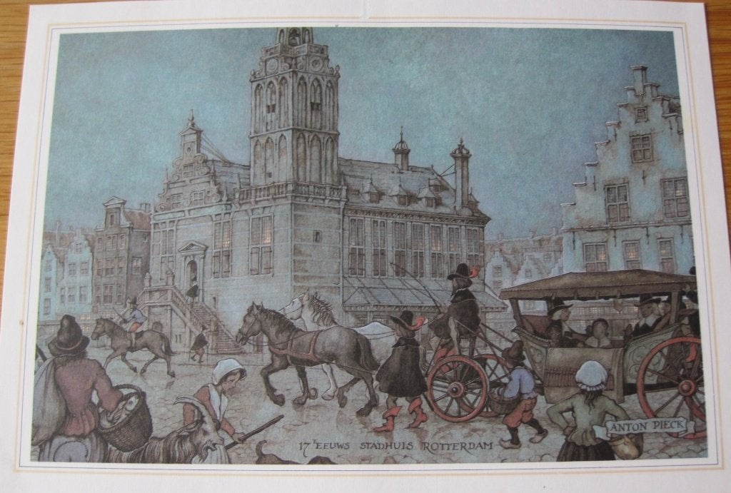 Anton Pieck - prent van Stadhuis Rotterdam in de 17e eeuw, Gebruikt, 1980 tot heden, Ophalen of Verzenden, Gebouw