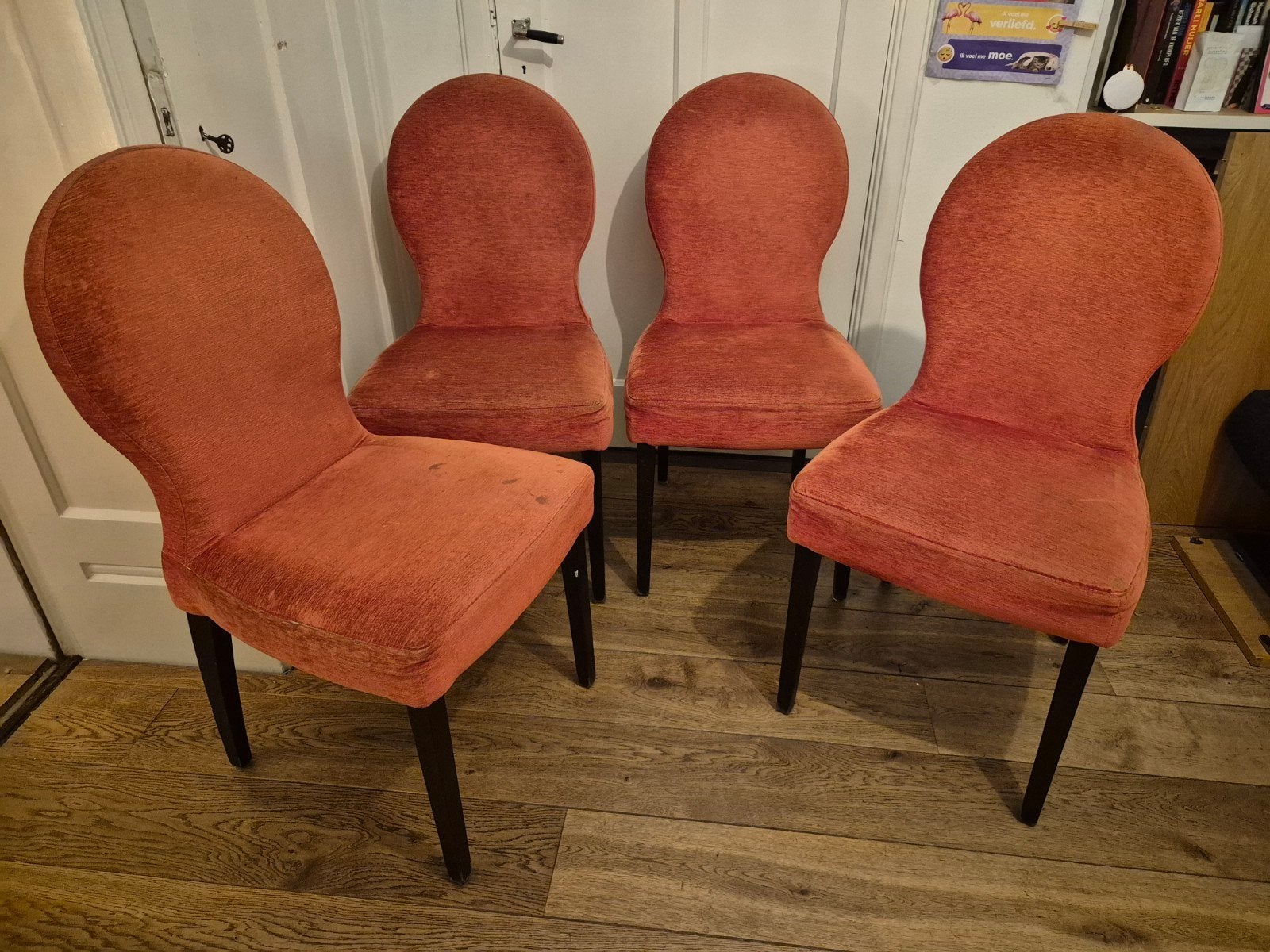 Set van 4 oranje/rode eetkamerstoelen, Ophalen, Gebruikt, Rood, Vier