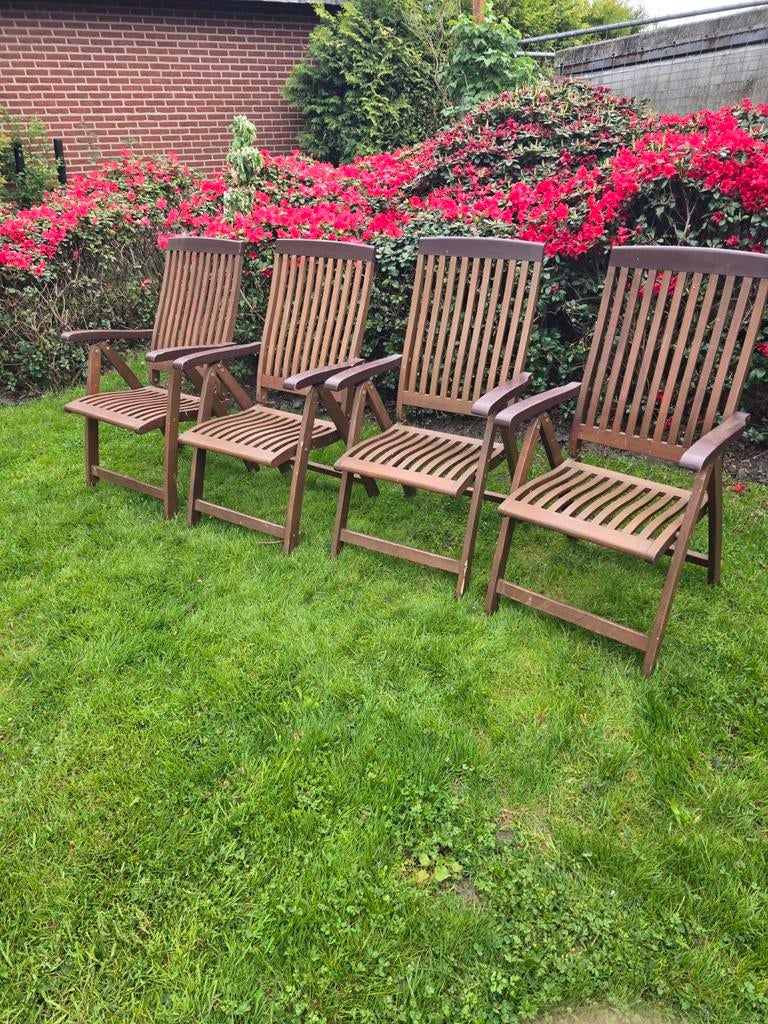 Mooie houten tuinstoelen, verstelbaar en inklapbaar, Ophalen, Gebruikt, Hout, Verstelbaar