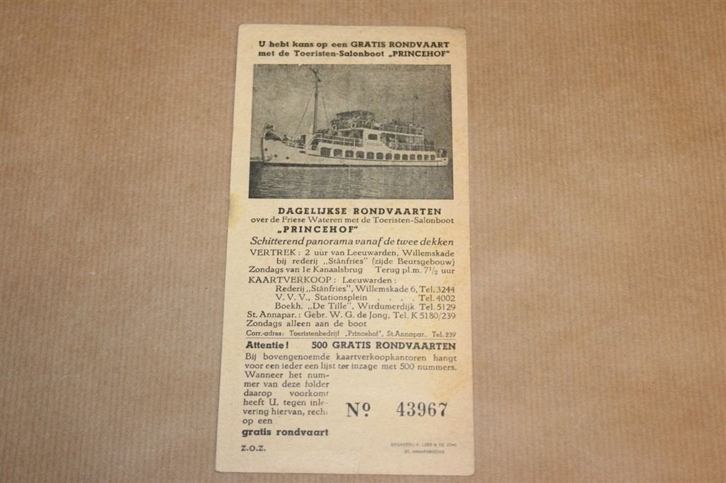 Zeldzame toegangskaart - Rondvaarten Princehof 1935, Ophalen of Verzenden, Gelezen