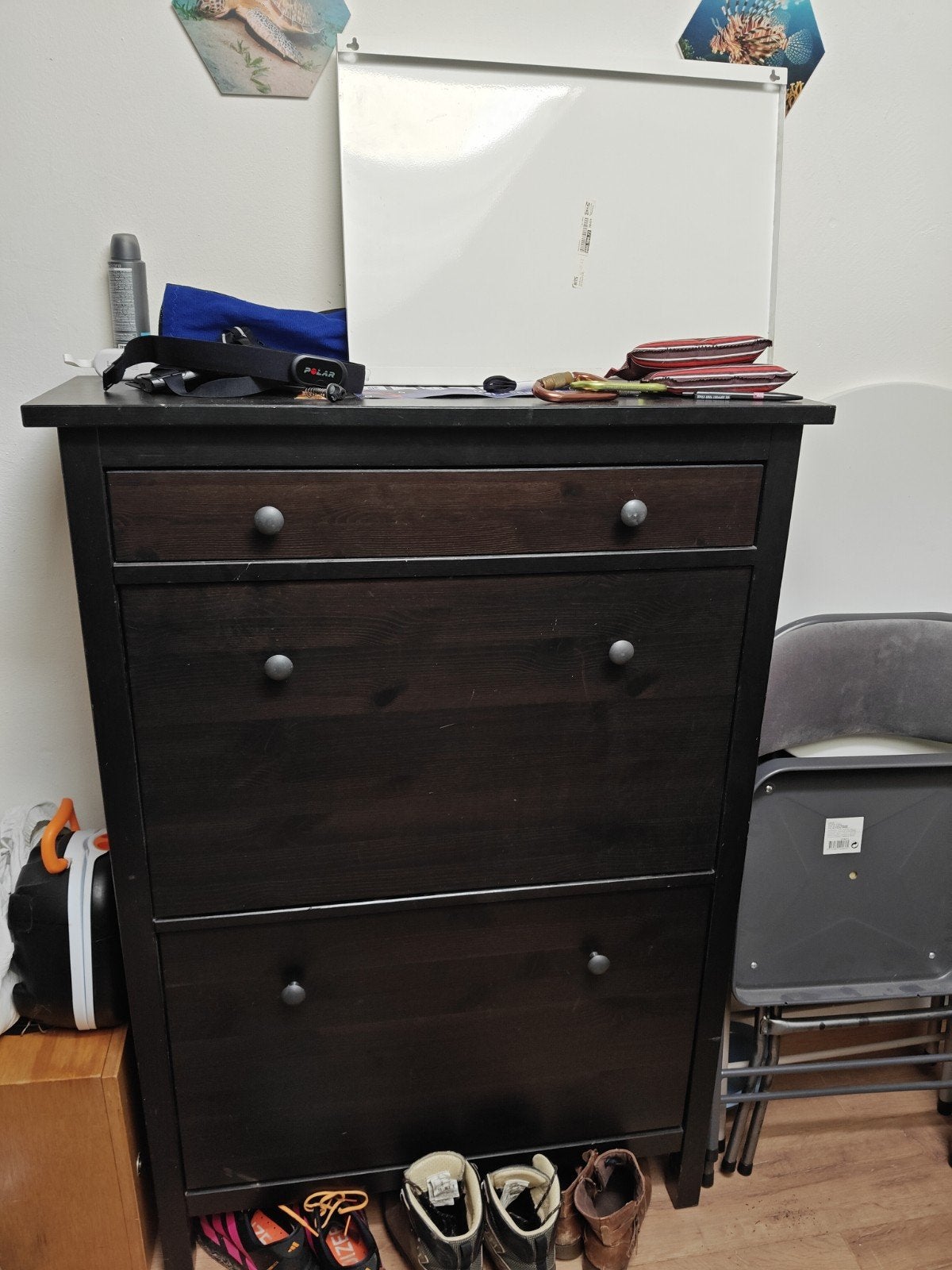 Donkerbruine schoenenkast met 3 lades, Ophalen, Gebruikt, Modern, functioneel, 100 tot 150 cm
