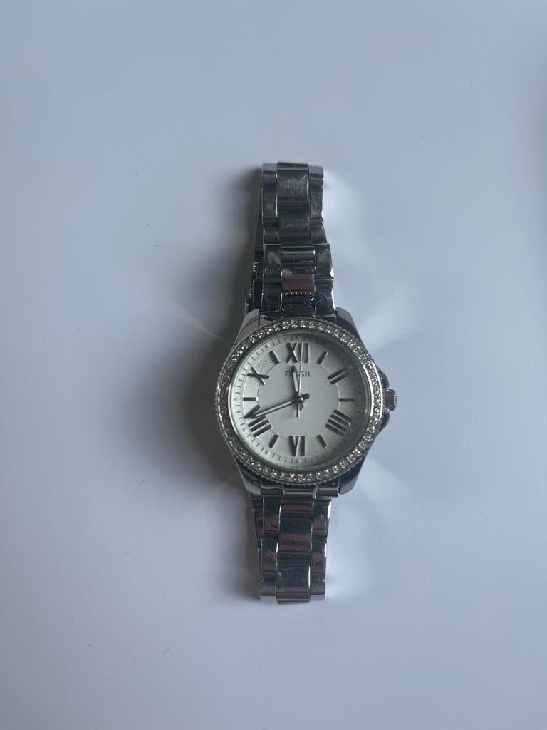 Fossil Horloge stainless steel met Strass, Sieraden, Tassen en Uiterlijk, Horloges | Dames, Gebruikt, Polshorloge, Fossil, Staal