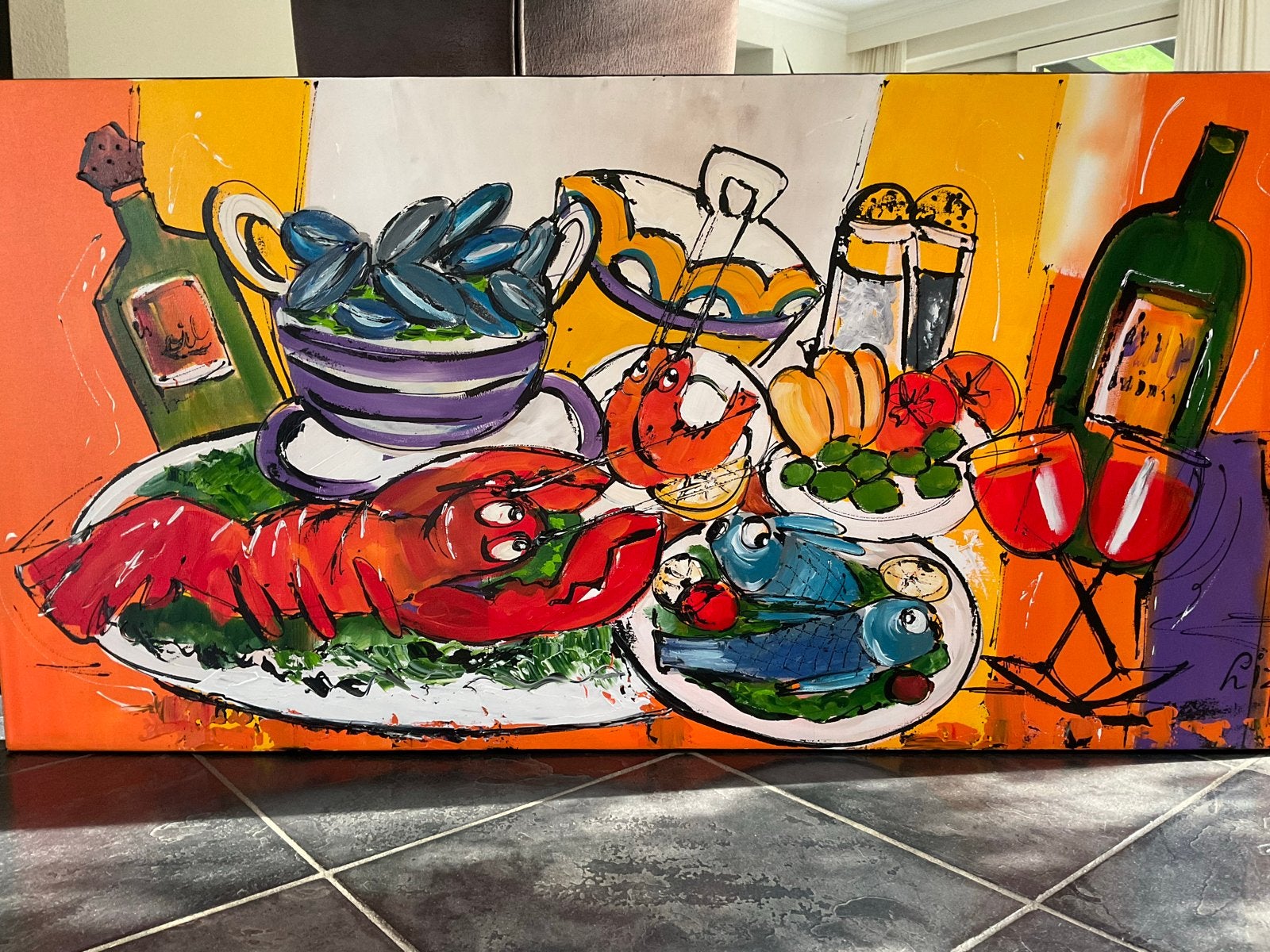 Handgeschilderd schilderij van Corrie Leushuis (Liz) 140x70, Ophalen, Stilleven, Handgeschilderd, Olieverf