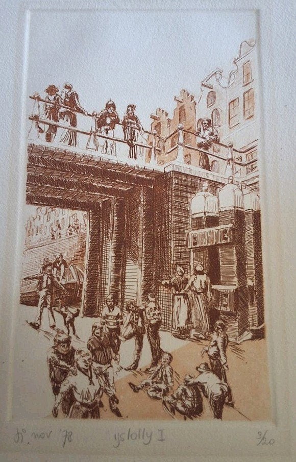 Amsterdam 't kolkje ets 1978 ijspret, Antiek en Kunst, Kunst | Etsen en Gravures, Verzenden