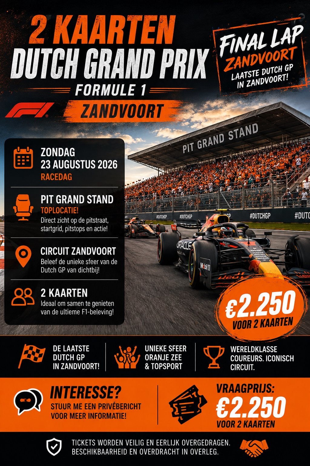 2 tickets F1 Dutch Grand Prix Zandvoort | Zo 23 aug 2026, Twee personen, Augustus