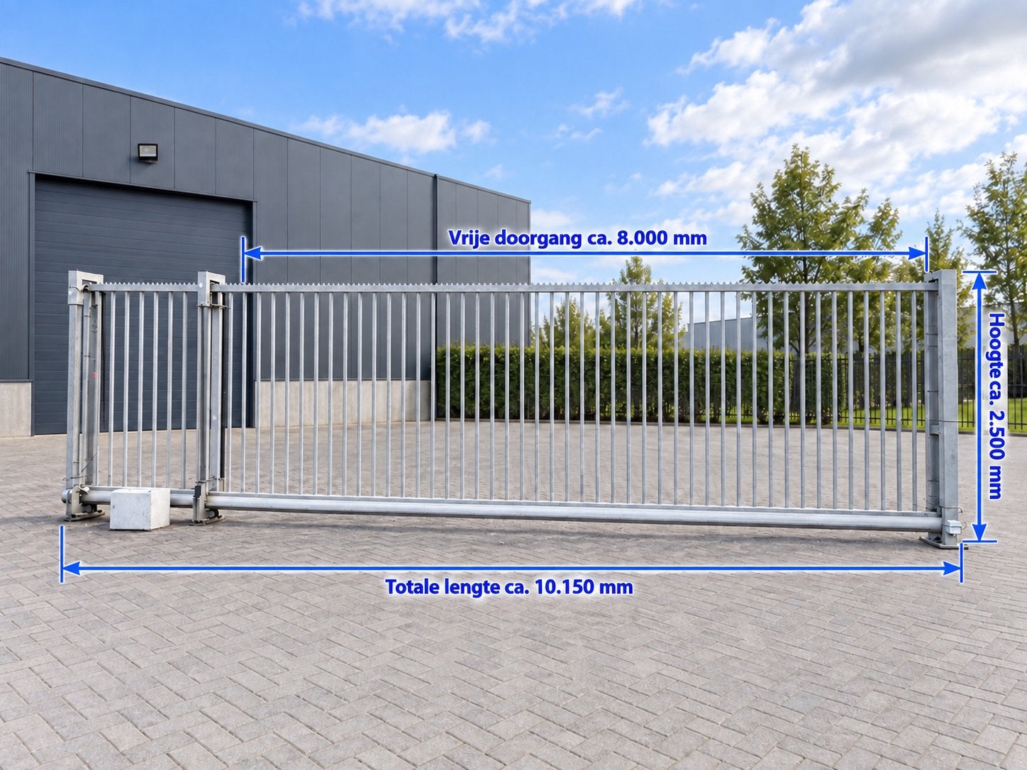 Schuifpoort vrijdragend B&G elektrisch 10 mtr hoogte 2.5 mtr, Ophalen, Schuifpoort, Zo goed als nieuw, 200 cm of meer