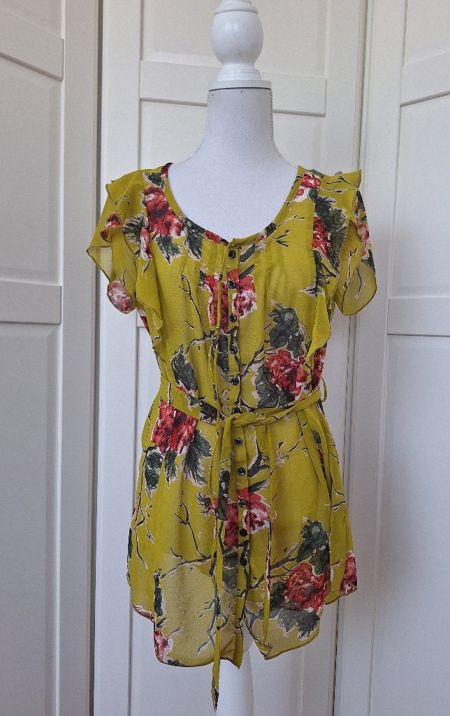 Ro-Zu mos groene chiffon bloemen top, maat M, Kleding | Dames, Maat 38/40 (M), Ophalen of Verzenden, Korte mouw, Gedragen