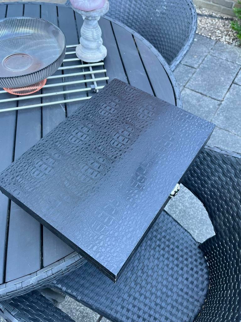 Zwarte bestekdoos met krokodillenprint, Ophalen of Verzenden, Zo goed als nieuw, Kunststof, Minder dan 50 cm