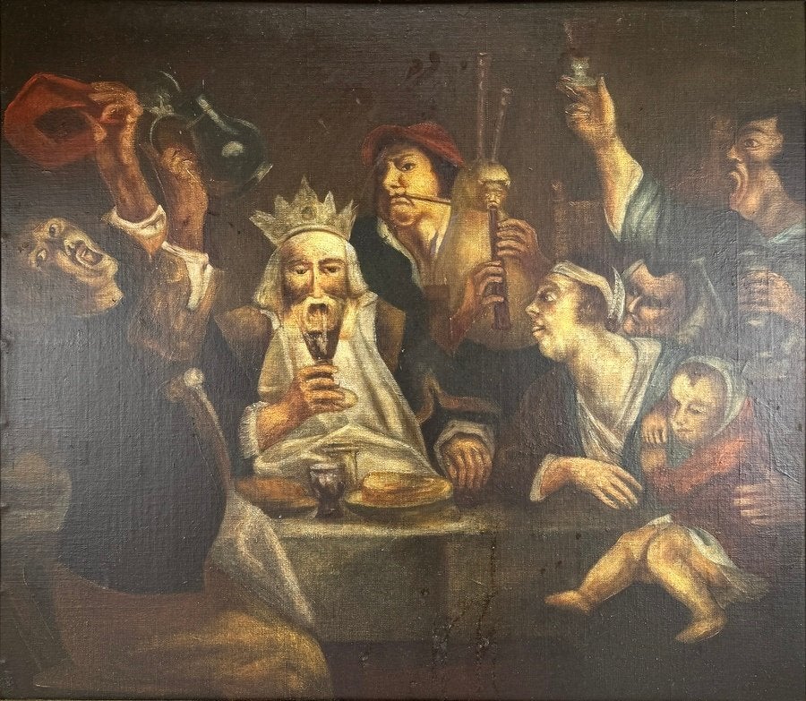 303. Schilderij naar Jacob Jordaens - "De koning drinkt", Antiek en Kunst, Ophalen, Olieverf, Figuren