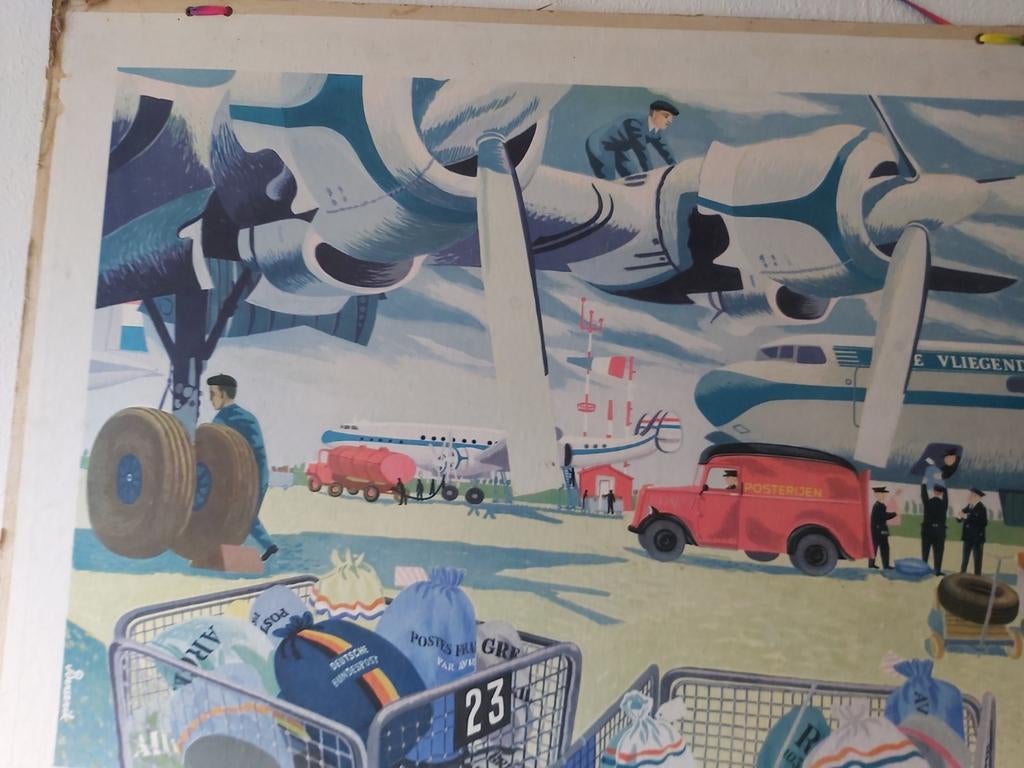 Vintage Schoolplaat: Verzending van de Luchtpost op Schiphol, Antiek en Kunst, Antiek | Schoolplaten, Ophalen, Overige thema's