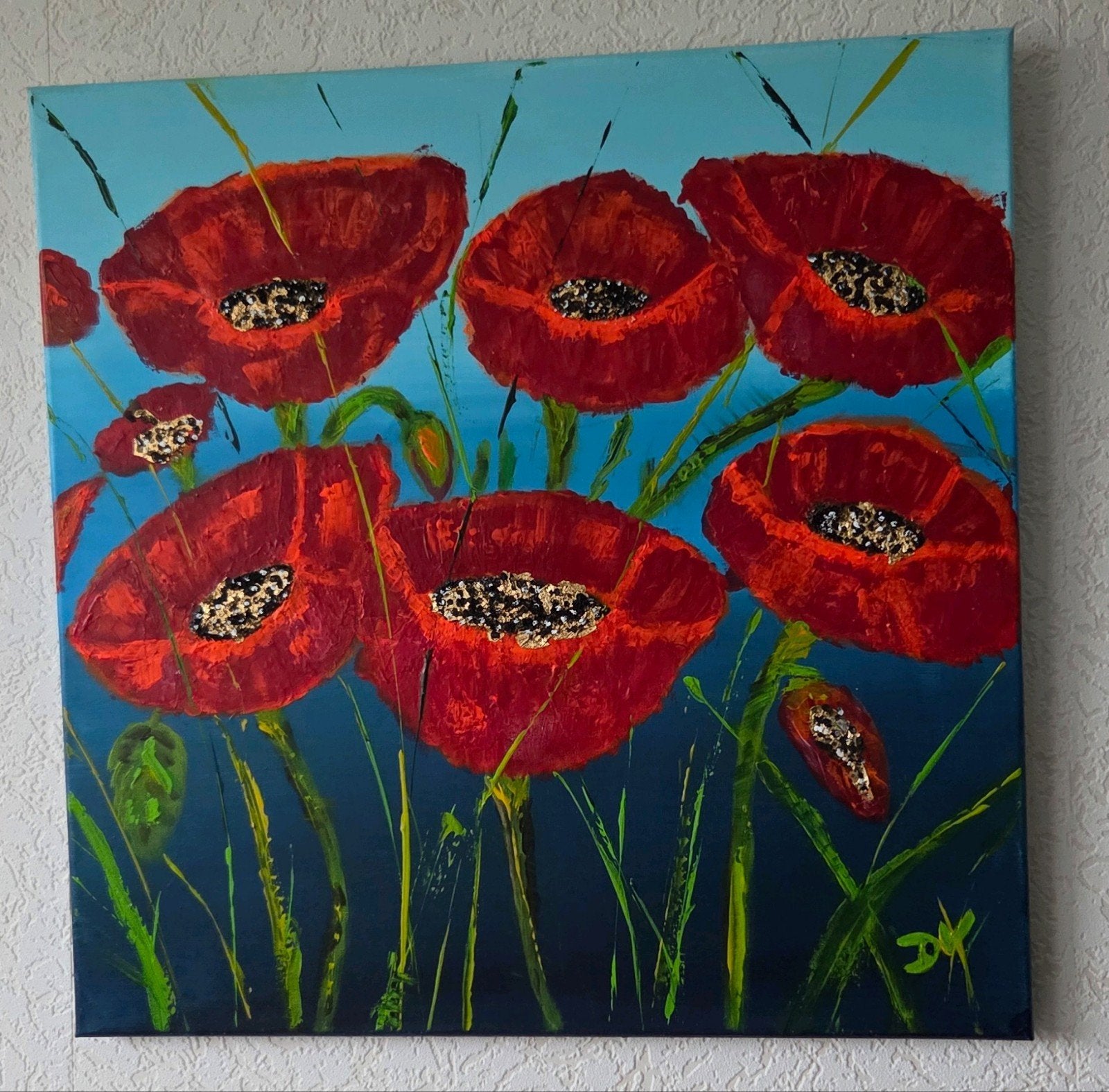 Schilderij met rode klaprozen, acrylverf, 50x50 cm, Antiek en Kunst, Kunst | Schilderijen | Modern, Ophalen