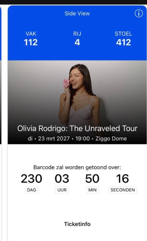 1 zitplaats voor Olivia Rodrigo concert, Eén persoon, Maart