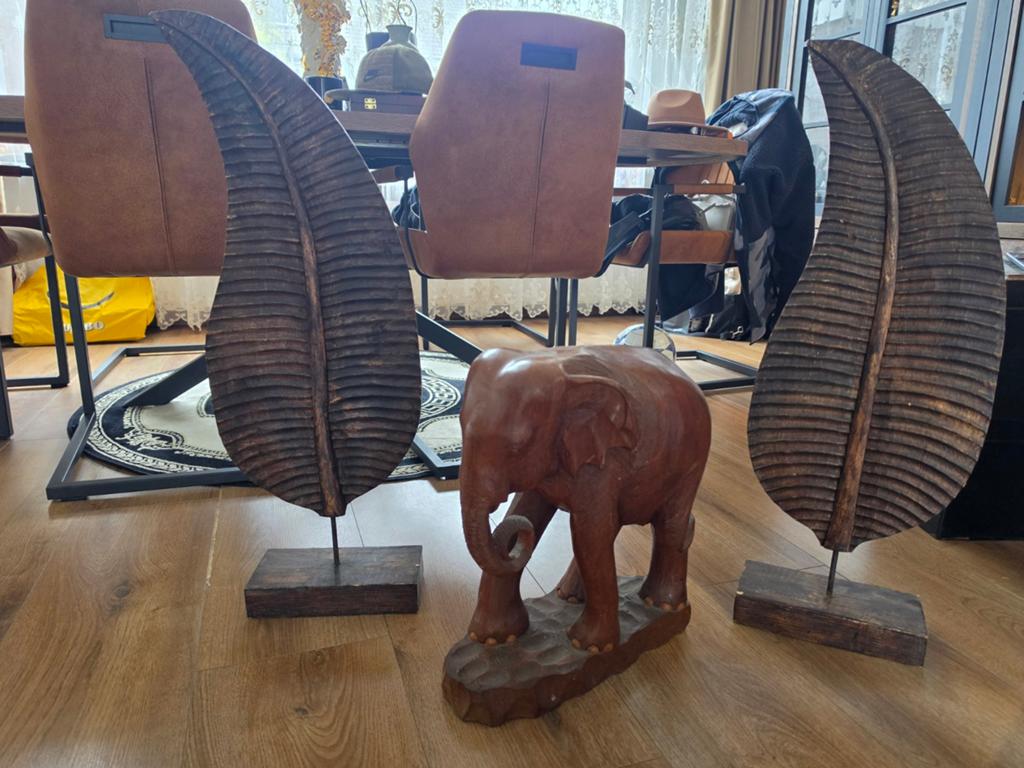 Mooi beeld van houten olifant en 2 bladeren, Ophalen