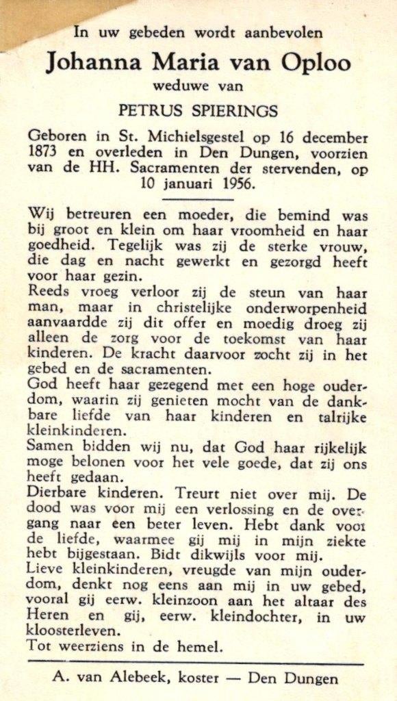 Oploo van Johanna M. St. Michielsgestel 1873-1956 Den Dungen, Verzamelen, Ophalen of Verzenden
