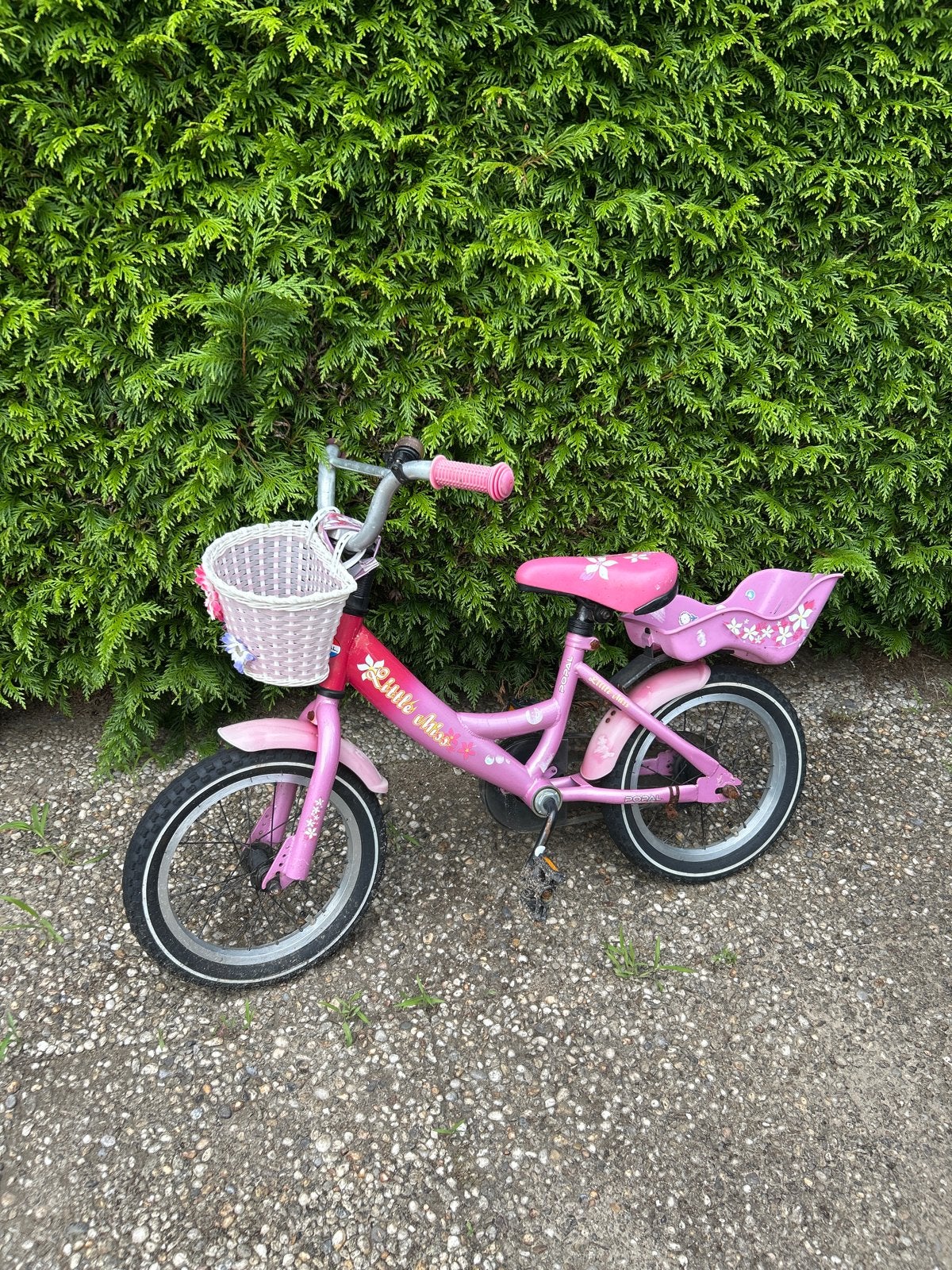 Roze kinderfiets Little Miss met mandje en zitje, Ophalen, Gebruikt, Terugtraprem, 16 tot 20 inch