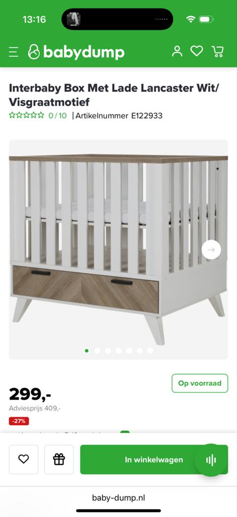 Interbaby Box Lancaster Wit/Visgraatmotief met Lade, Ophalen, Zo goed als nieuw, Rechthoekig, In hoogte verstelbaar