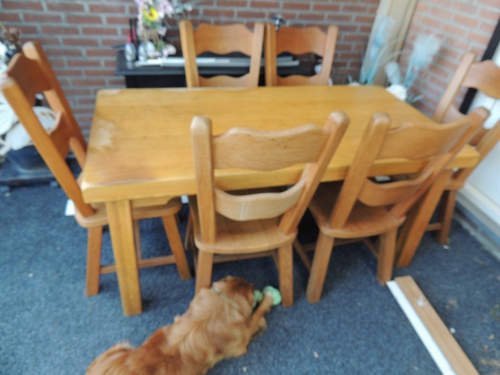 grote zware blank eiken eethoek met 6 stoelen in goede staat, Ophalen, Gebruikt, Eikenhout, 50 tot 100 cm