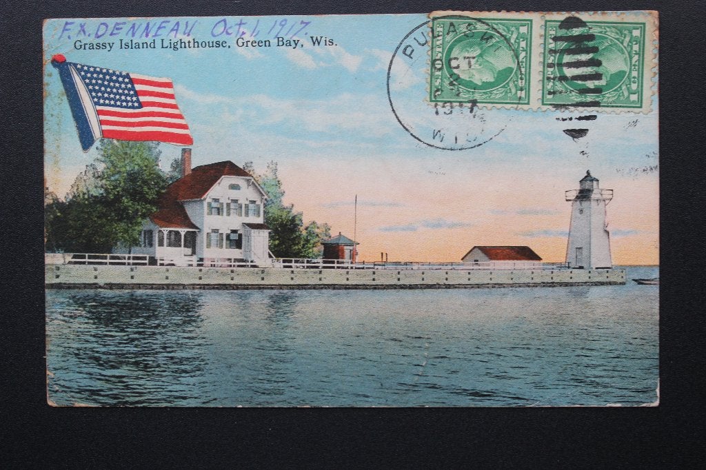 1917 ANSICHTKAART USA AMERIKA GREEN BAY VUURTOREN GELOPEN, Verzamelen, Ophalen of Verzenden, Voor 1920, Gelopen, Buiten Europa
