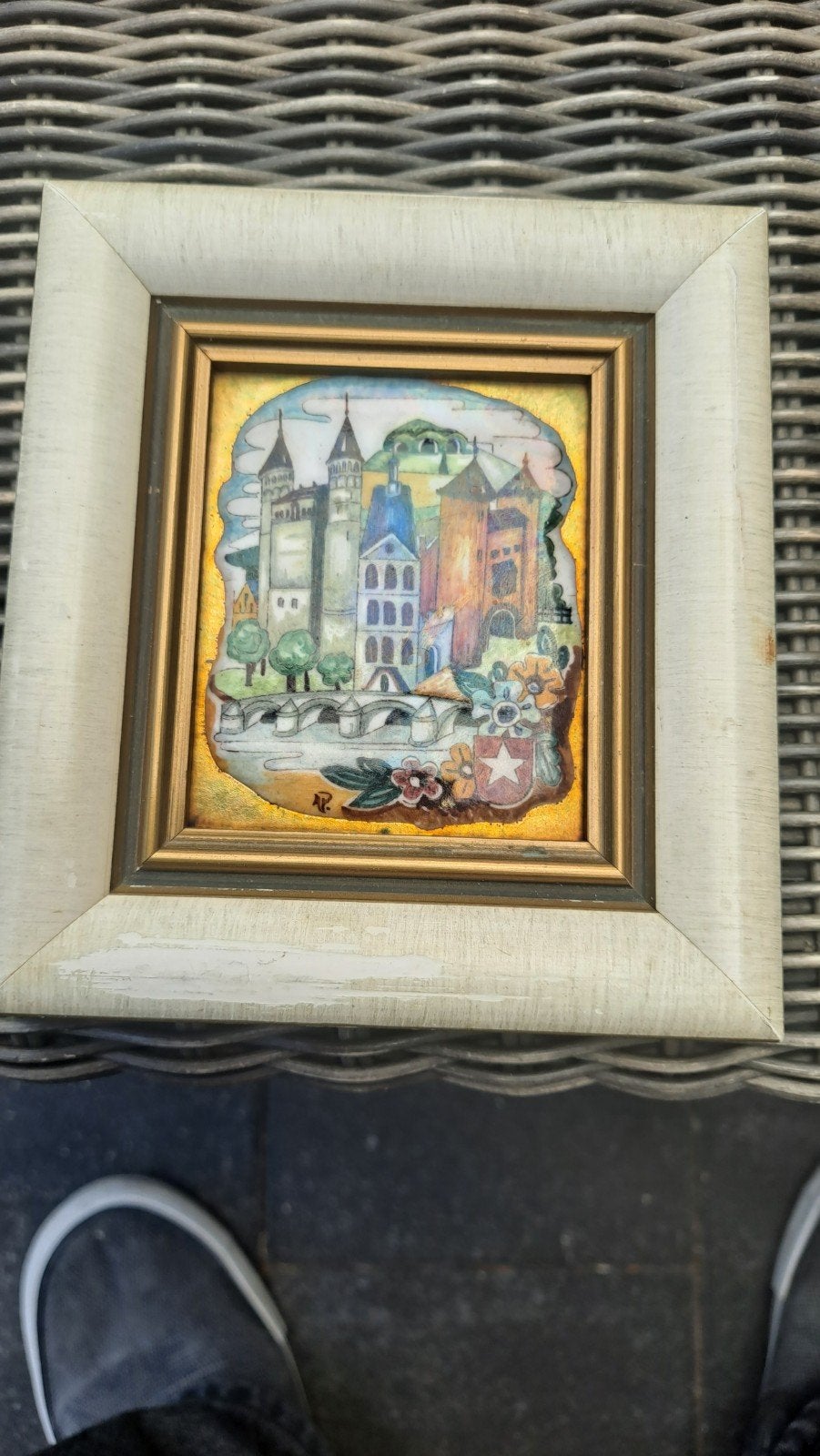 Vintage geëmailleerd stadsgezicht in lijst, Ophalen of Verzenden