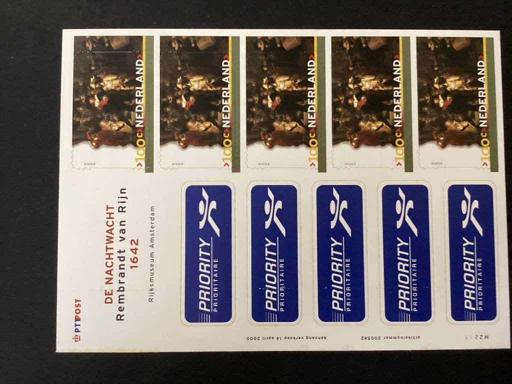2000, de Nachtwacht, 1904, vel 5 zegels, Postzegels en Munten, Verzenden, Na 1940, Postfris