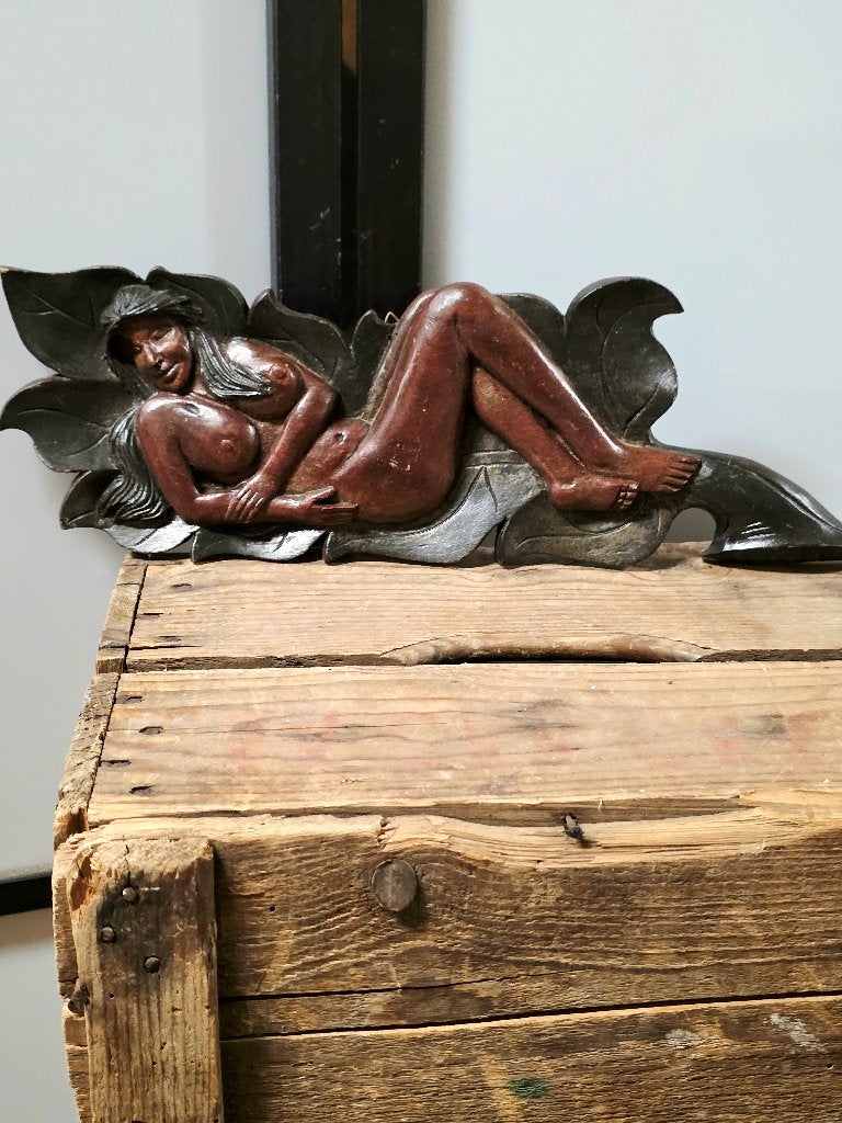 Vintage Art Nouveau Carved Figure Wall Plaque - Signed S.P., Gebruikt, 40 cm, Hout, Ophalen of Verzenden