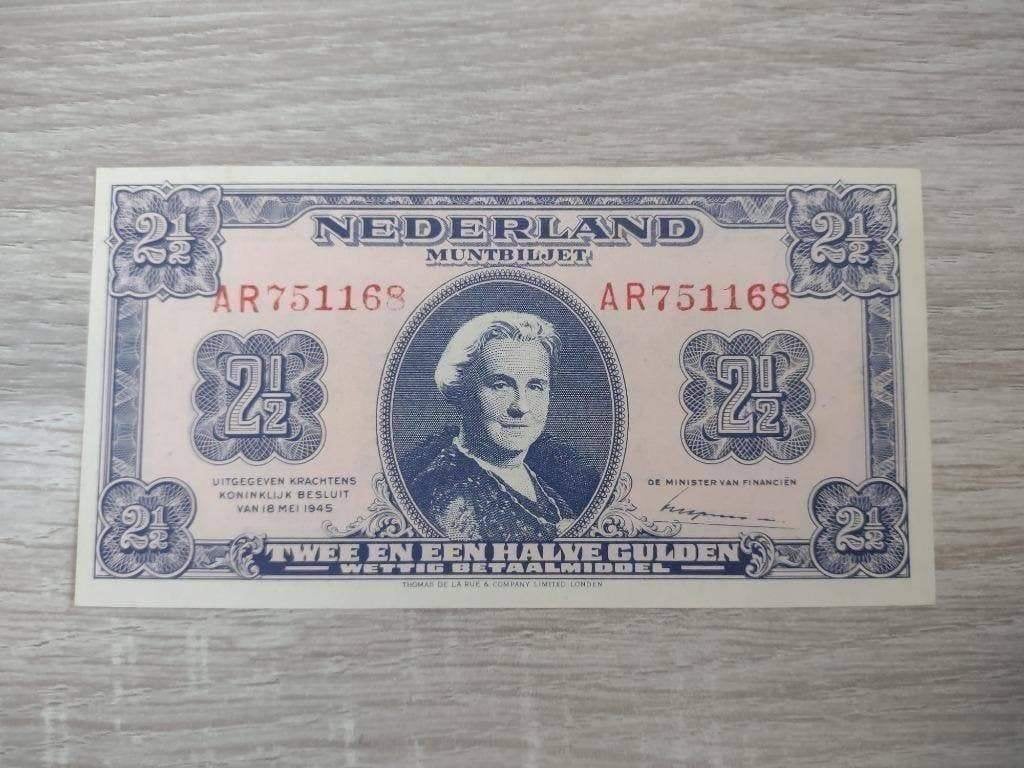 UNC biljet 2,5 gulden 1945, muntbiljet Wilhelmina, 2 letters, Ophalen of Verzenden, 1 gulden