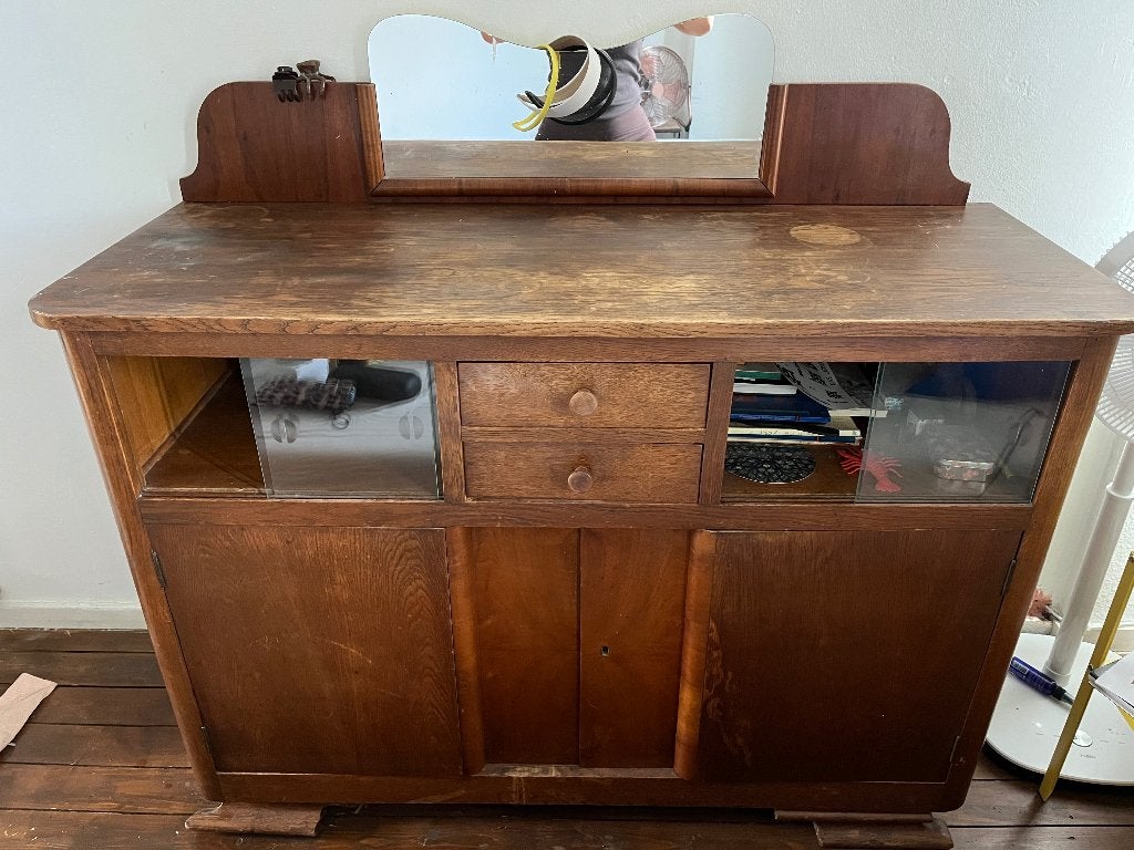 Dressoir hout met spiegel - gratis ophalen, Huis en Inrichting, Kasten | Dressoirs, Ophalen, Gebruikt, 25 tot 50 cm, Met deur(en)