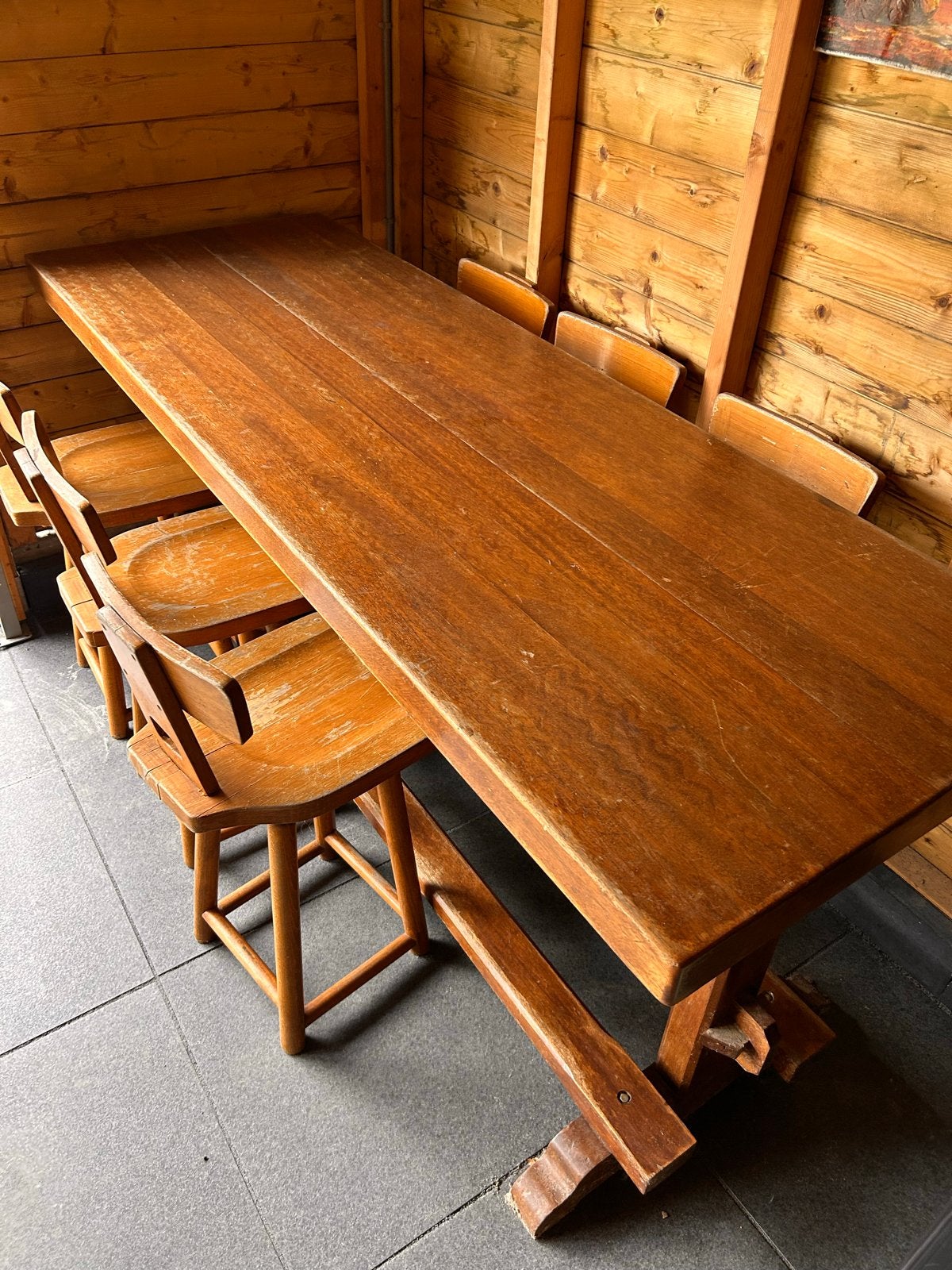 Robuuste houten kloostertafel/biertafel met 6 stoelen, Ophalen, Gebruikt, 50 tot 100 cm, 150 tot 200 cm