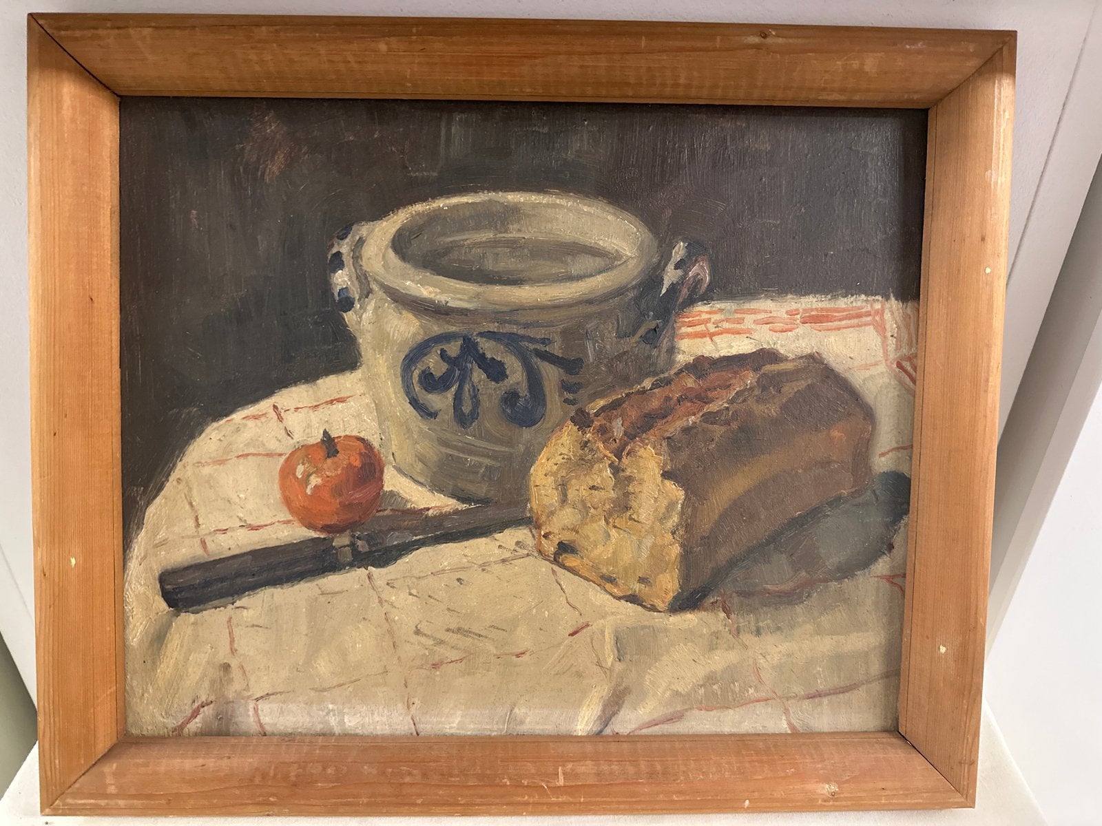 Antiek Olieverf Stilleven met Brood, Mes en Pot, Antiek en Kunst, Doek, Stilleven, Ophalen of Verzenden, Gesigneerd