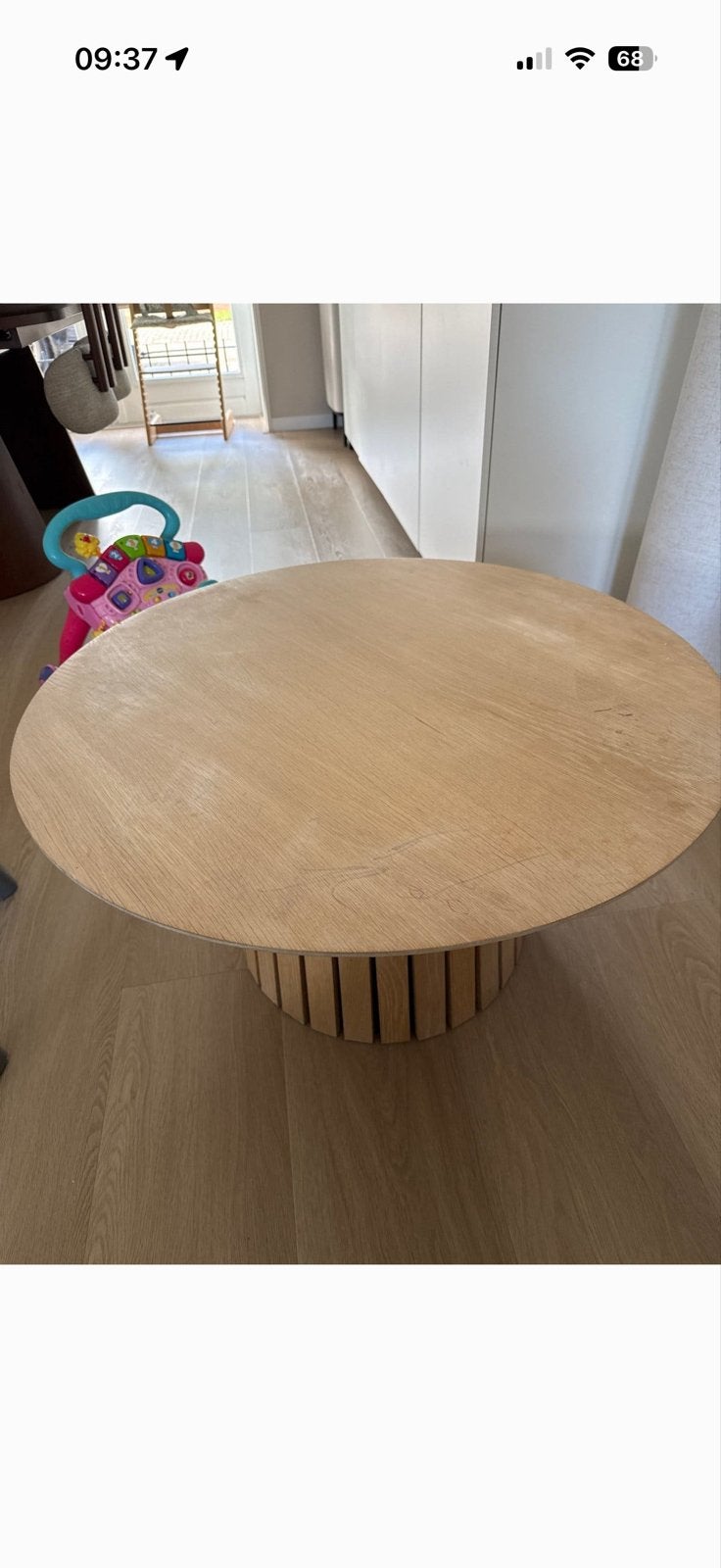 Ronde houten salontafel met lattenvoet, Ophalen, Gebruikt, 50 tot 100 cm, 5 – 50