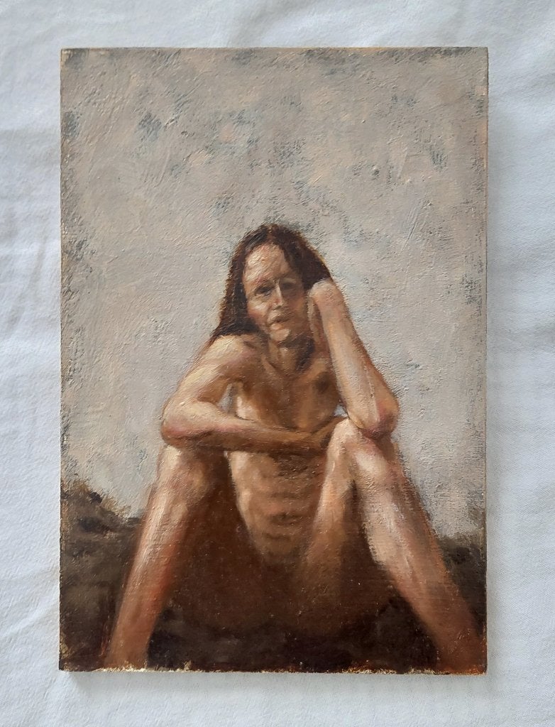 Schilderij van Naakte Vrouw Zittend - Olieverf, Antiek en Kunst, Portret of Personen, Ophalen of Verzenden, Olieverf, Klassiek