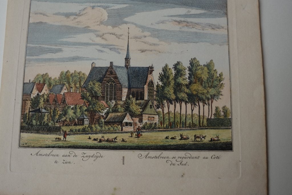 AMSTELVEEN ZUIDZIJDE GRAVURE handgekleurd 1737 Rademaker E17, Verzenden, Stadsgezicht, Handgekleurd, Gravure